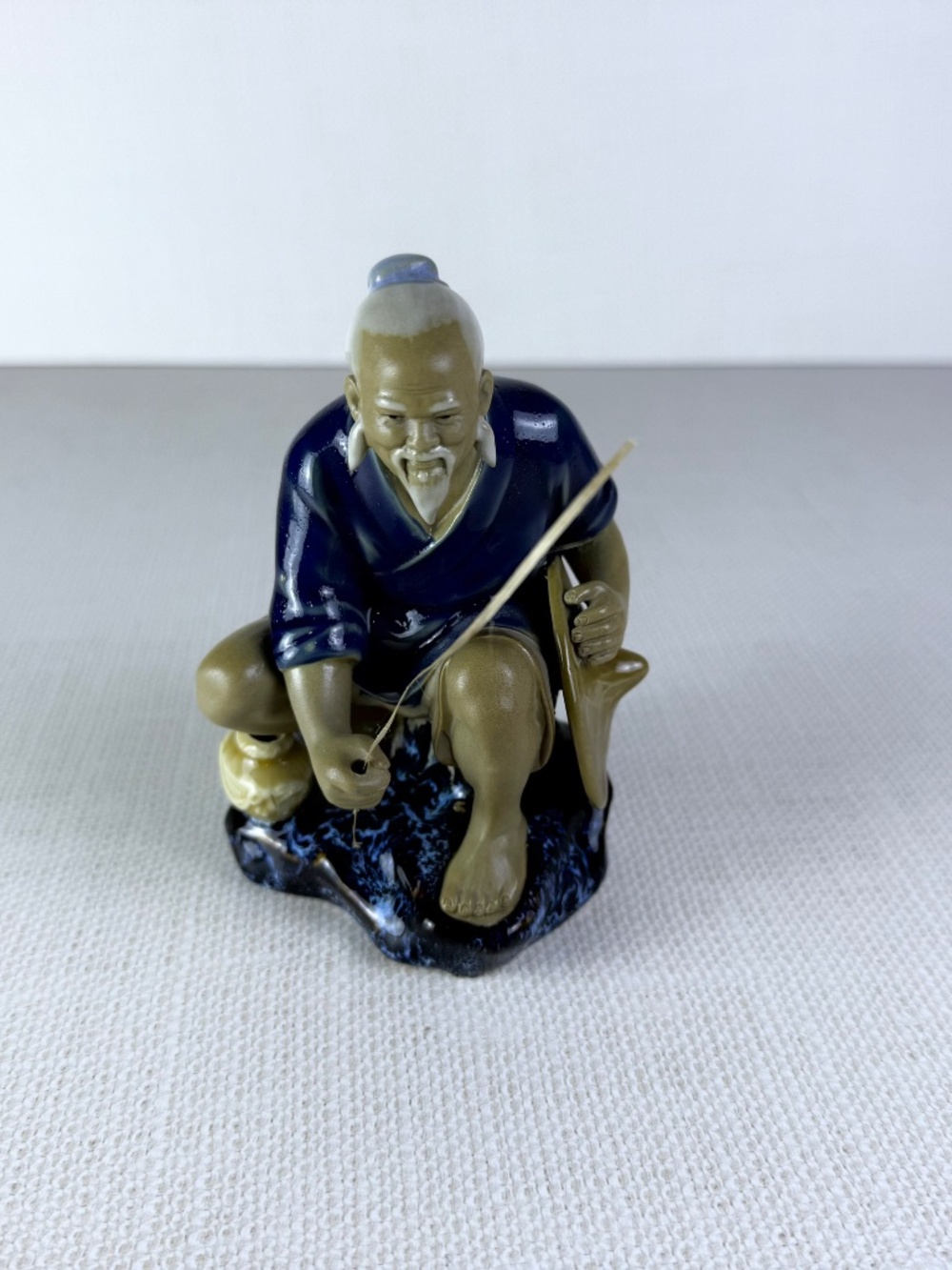 Shiwan Style Mudman Fisherman Figurine Blue Robe Chinese Ceramic Sculpture - Picture 7 of 10